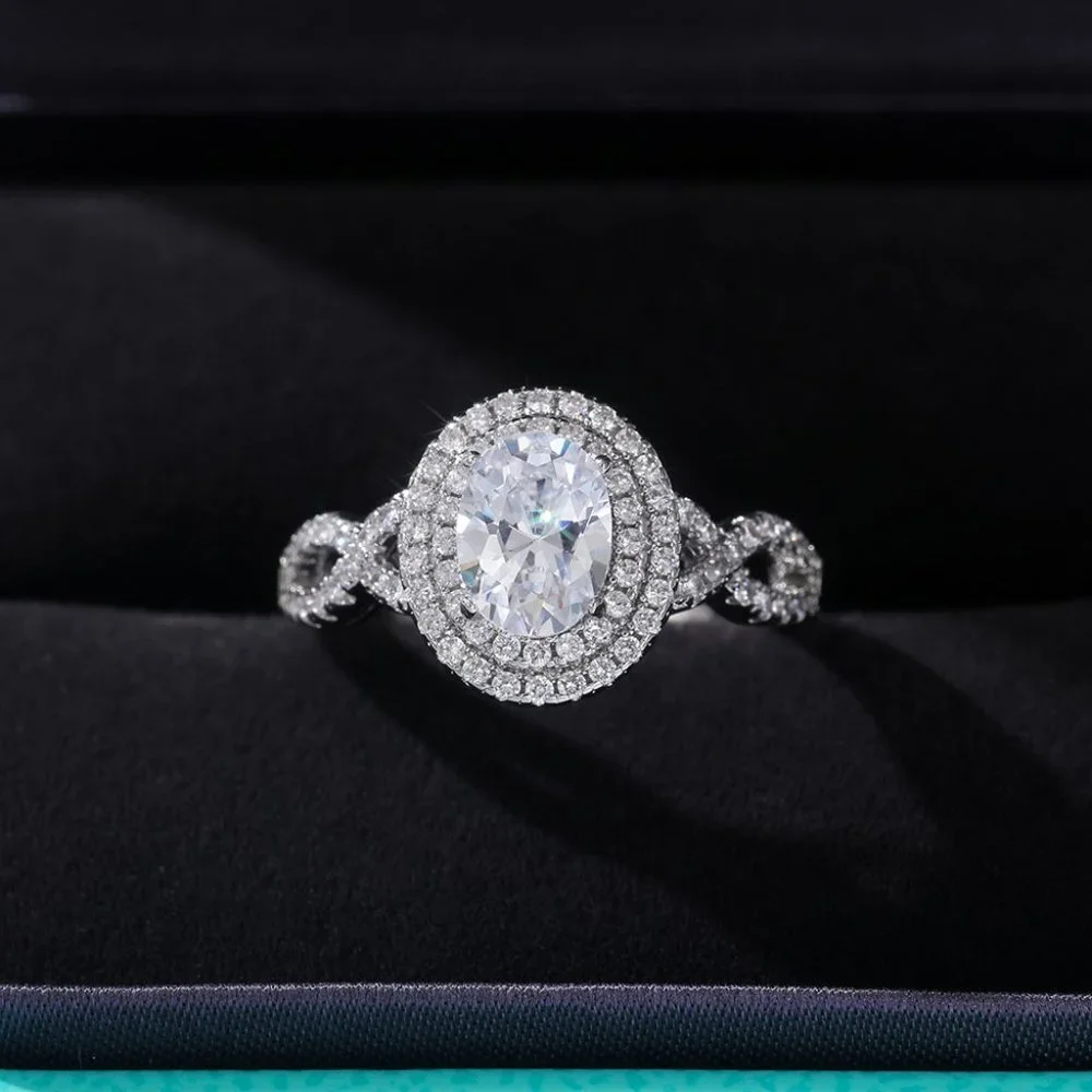 😍14K WHITE GOLD DOUBLE LAYER💫CRYSTAL OVAL WEDDING LUXURY RING GIRL TEEN, K900